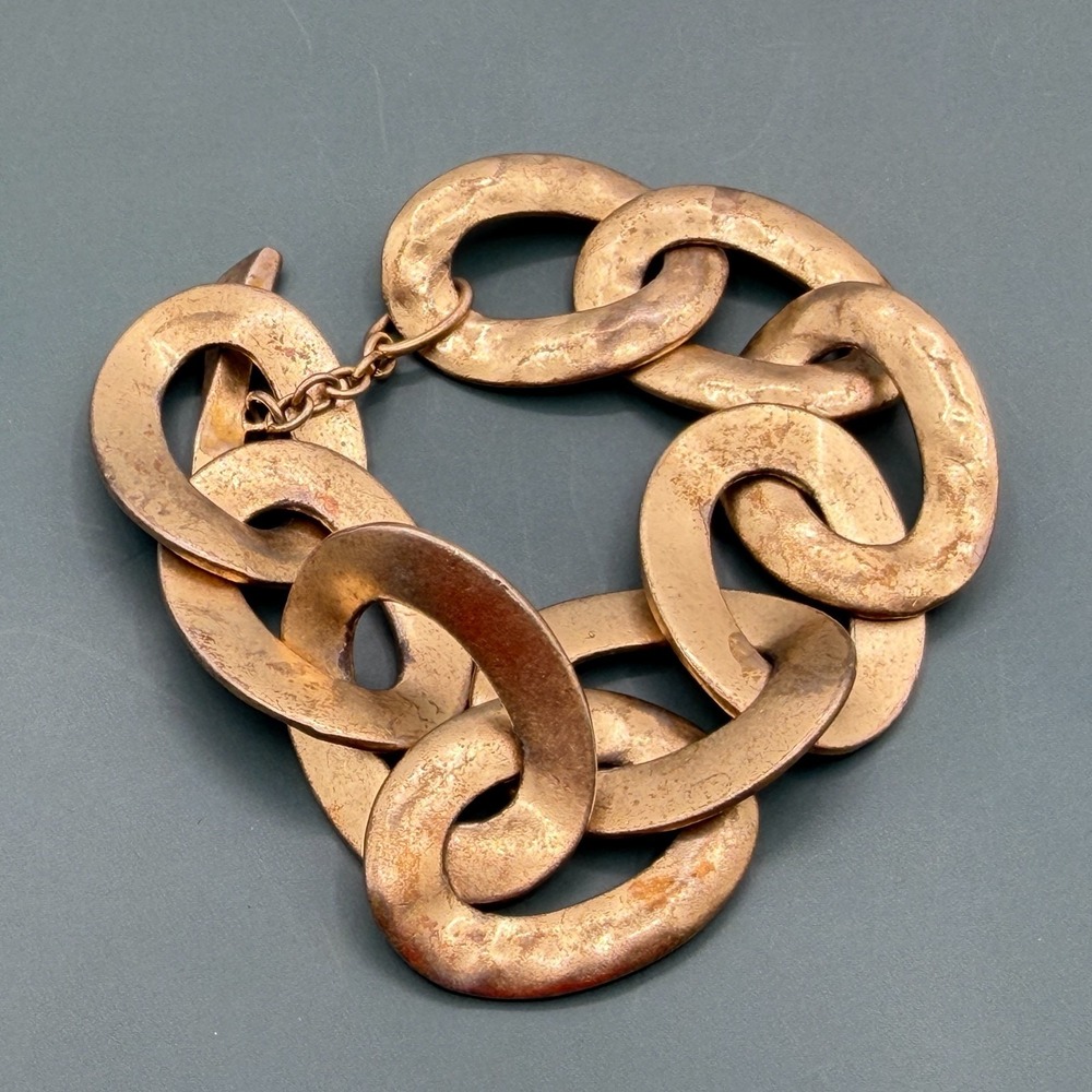 Chunky Antique Gold Tone Oversized Oval Link Statement Bracelet Vintage 7in